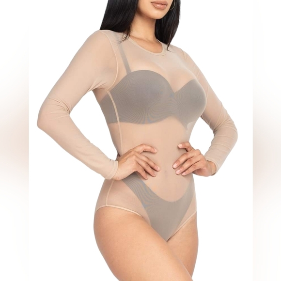 Women's Sheer Mesh Bodysuit Round Neck Long Sleeve Stretch Top - Picture 1 of 8
